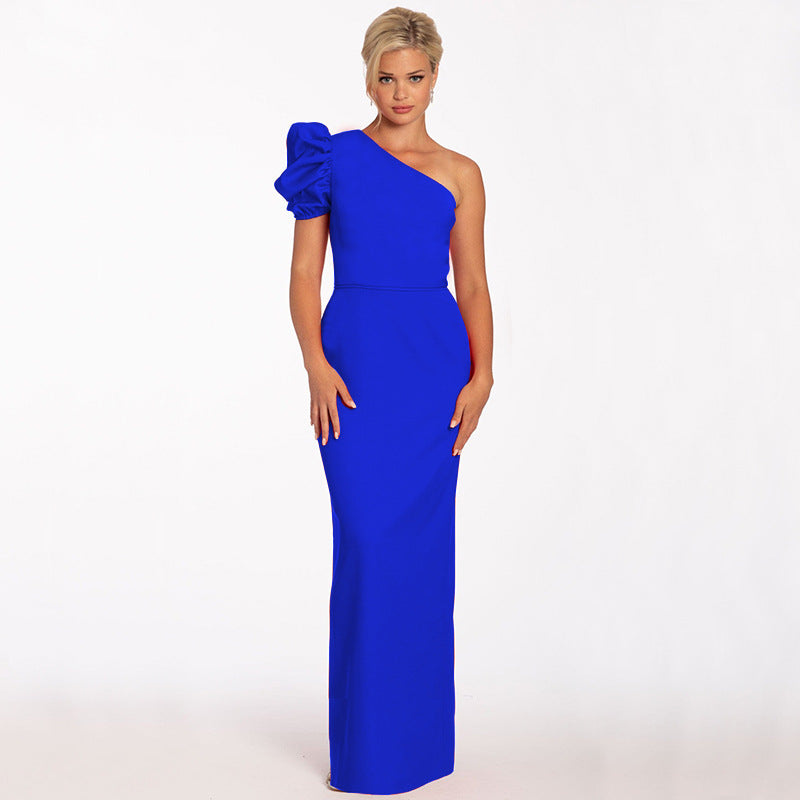 Women's One Shoulder Sexy Chic Balloon Sleeve Dress 16