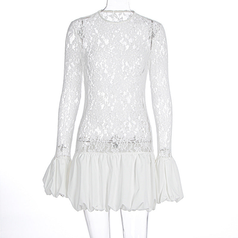 Women's Autumn And Winter Fashion Chic Long Sleeve See-Through Lace Ruffles Dress 8