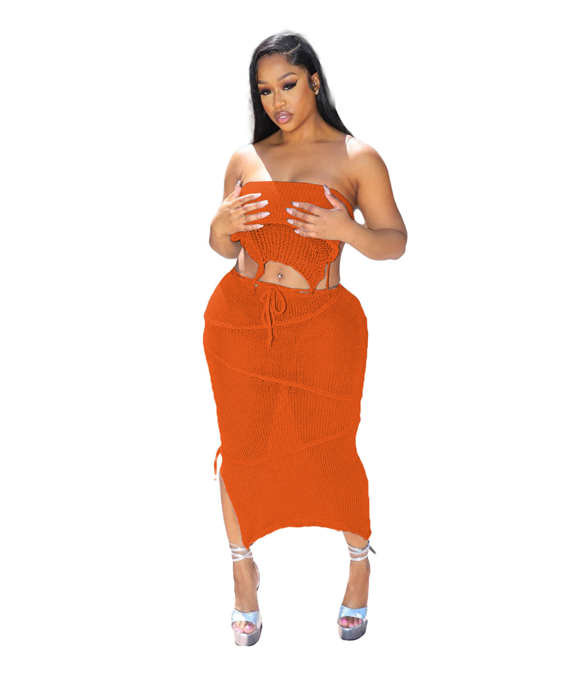 Women Sexy Wrap Backless Backless Crop Top and Skirt Two-Piece Set 13