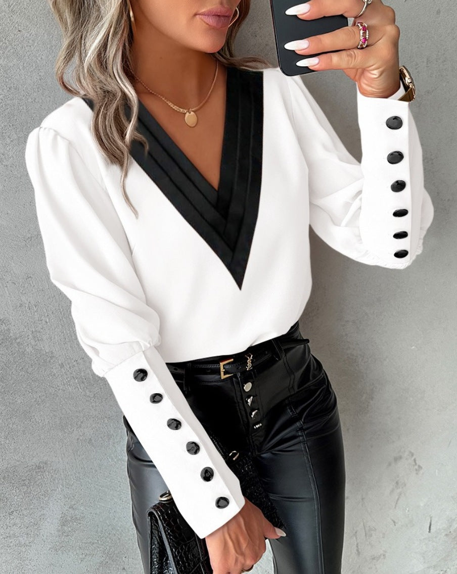 Women V Neck Solid Long Sleeve Button Top 6