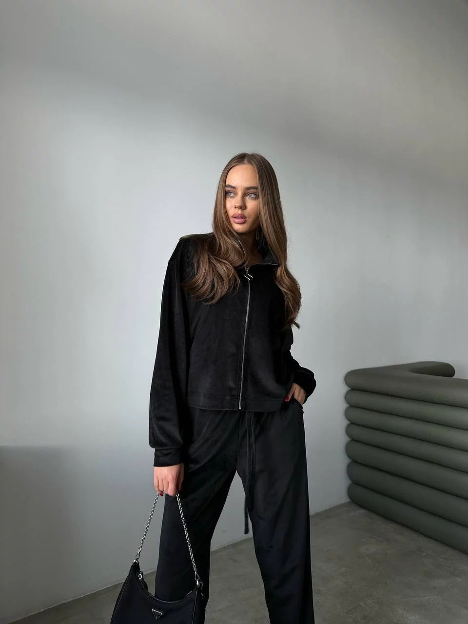 Autumn Velvet Zipper Long Sleeves Top Elastic Waist Pockets Trousers Casual Two-Piece Suit For Women 11