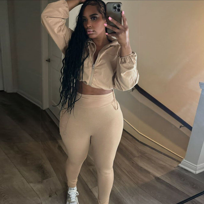 Spring And Autumn Sexy Drawstring Slim Waist Crop Top High Waist Tight Fitting Trousers Two Piece Set 33