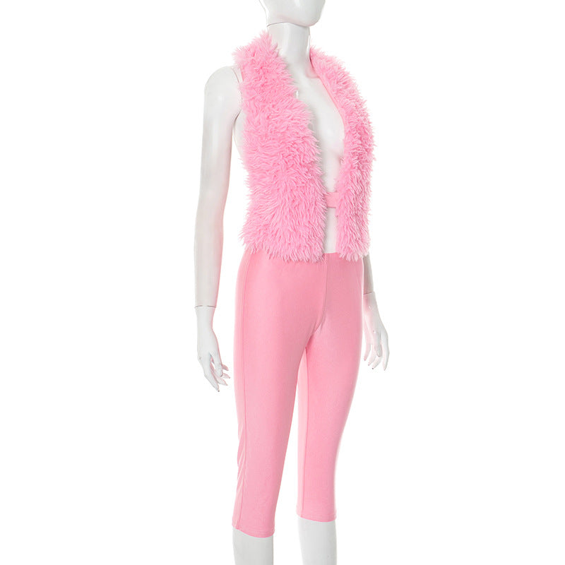 Women's Summer/Fall Halter Neck Low Back Lace-Up Faux Fur Tight Slim Solid Knee-Length Shorts Set 5