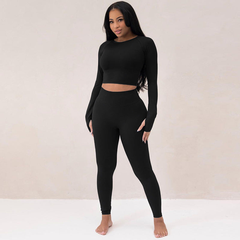 Women Summer Stretch Sport Long Sleeve Top and Yoga Pants Two-Piece Set 3