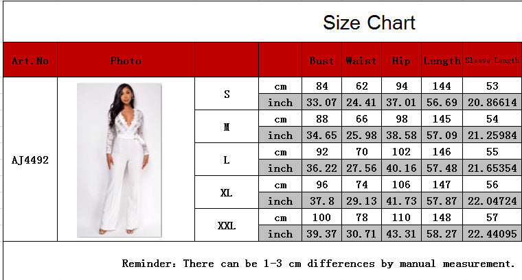 Women Lace Patchwork Long-Sleeved Casual Wide-Leg Jumpsuit 11