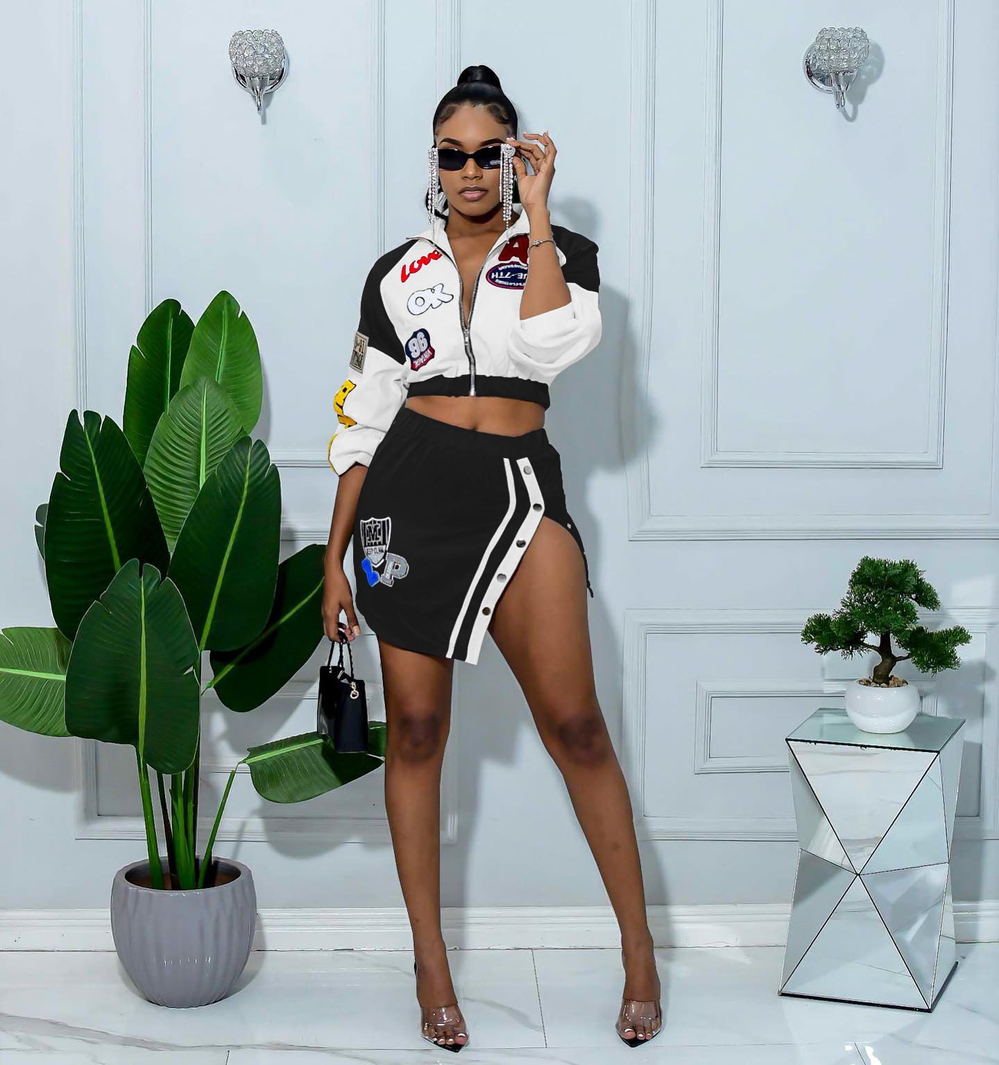 Women Printed Long Sleeve Jacket and Button Skirt Two-Piece Set 4