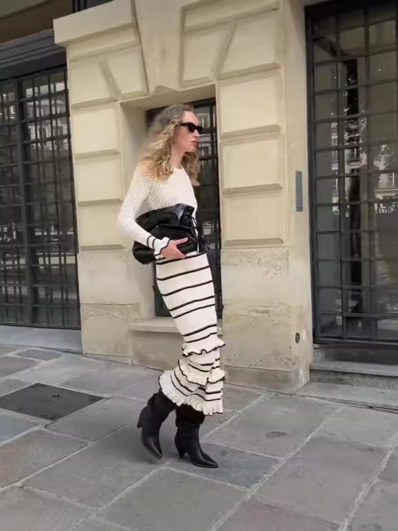 Autumn Winter Ruffle Knitting Ladies Slim Contrast Color Patchwork Elegant Long Dress 4