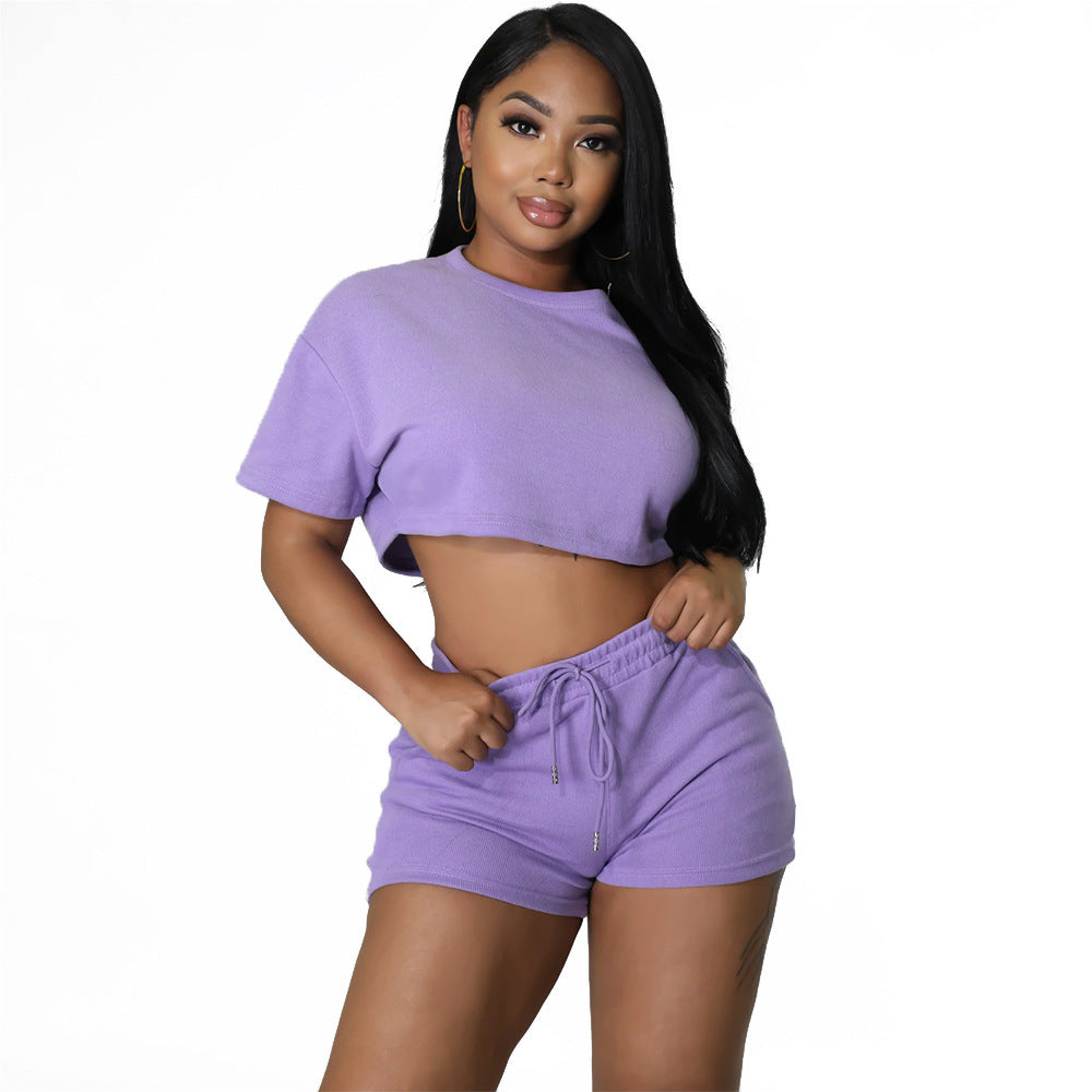 Women sports Casual Solid Crop Top and Shorts two-piece set 6
