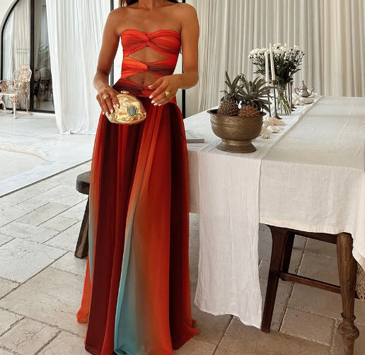 Gradient Color Strapless Hollow Out Long Gown Sexy Casual Summer Dress for Vacation 10