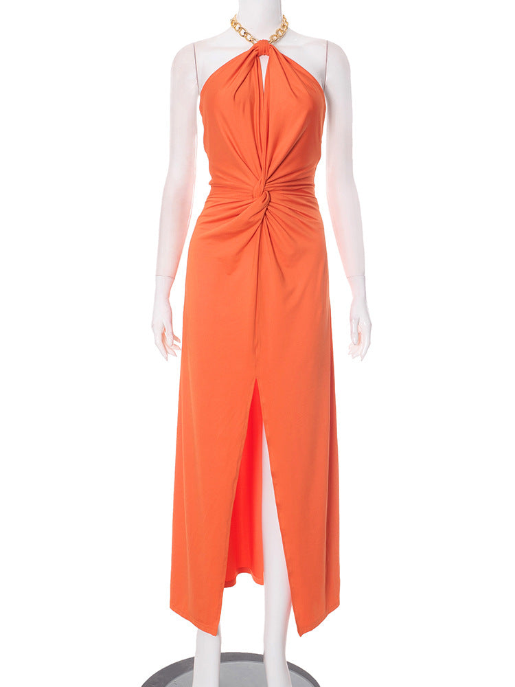 Women Solid Halter Neck Chain Hollow Backless Slit Dress 10