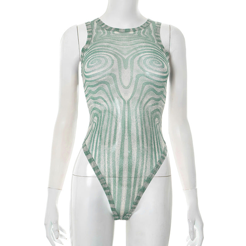 Women's Slim Geometric Pattern Print Round Neck Sleeveless Bodysuit Wide-Leg Pants Two Piece Set 12