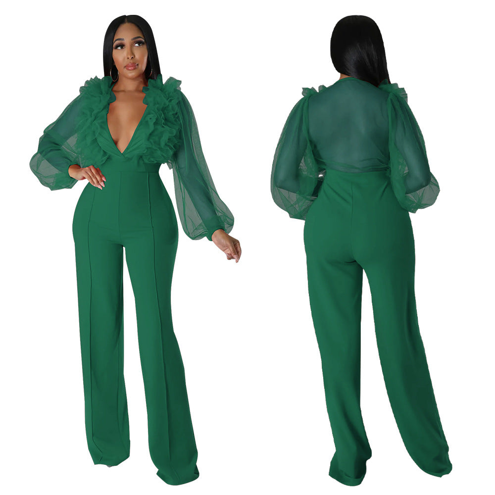 Women Mesh Balloon Sleeve V-Neck Backless Jumpsuit 6
