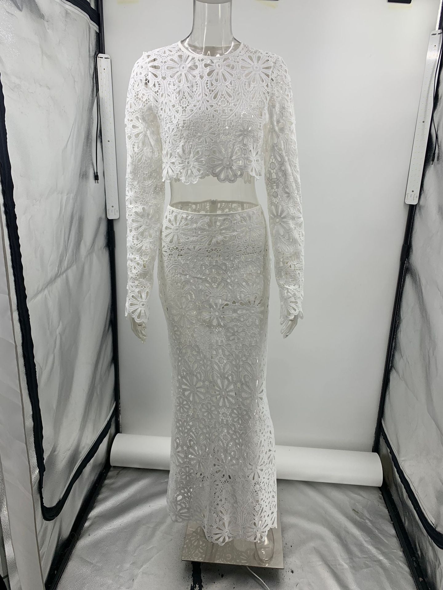 Fitted Lace Cut-Out Top & Skirt Two-Piece Set 21