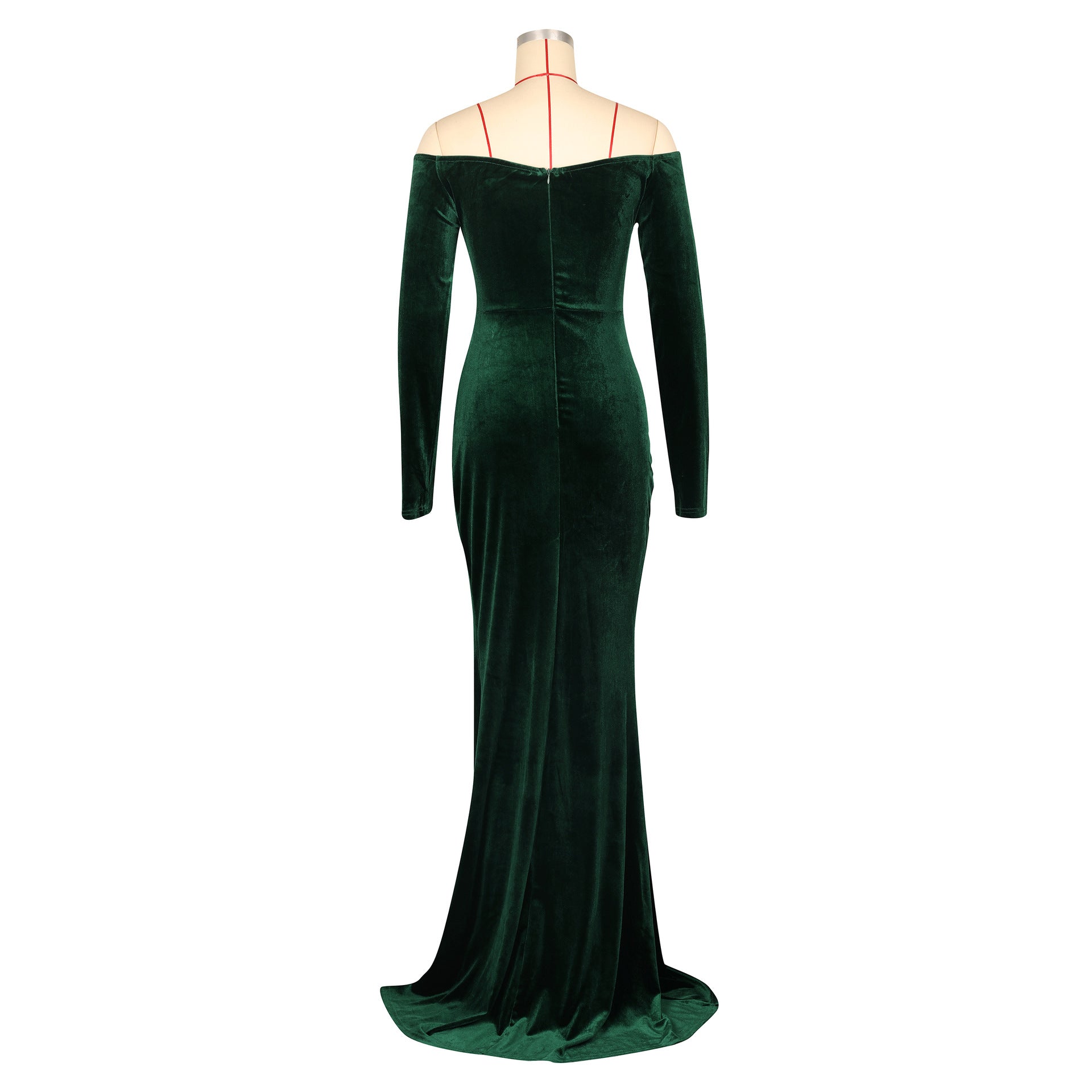 Women's Sexy Solid Color Off Shoulder Long Sleeve Slit Velvet Party Dress 11