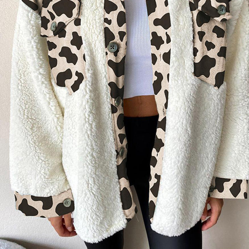 Women Turndown Collar Leopard Plaid Print Furry Patchwork Contrast Warm Long Sleeve Shirt 43