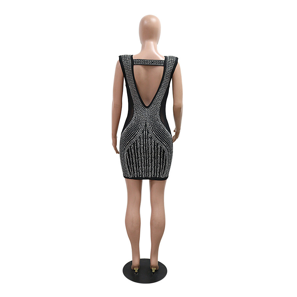 Women V-neck Sleeveless Bodycon Beaded Dress 12