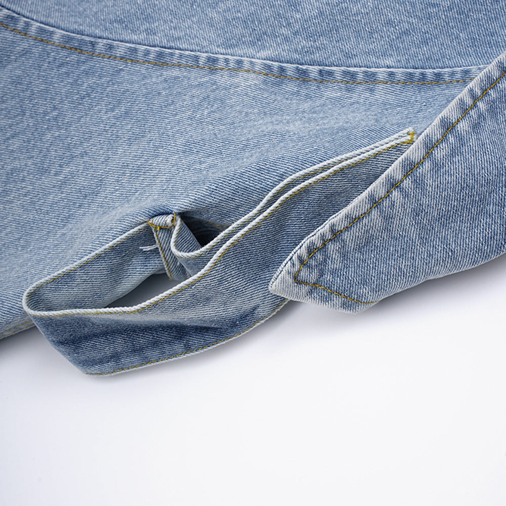 Women's Autumn Ruffle Contrast Color Patchwork Belt Turndown Collar Denim Jacket 20