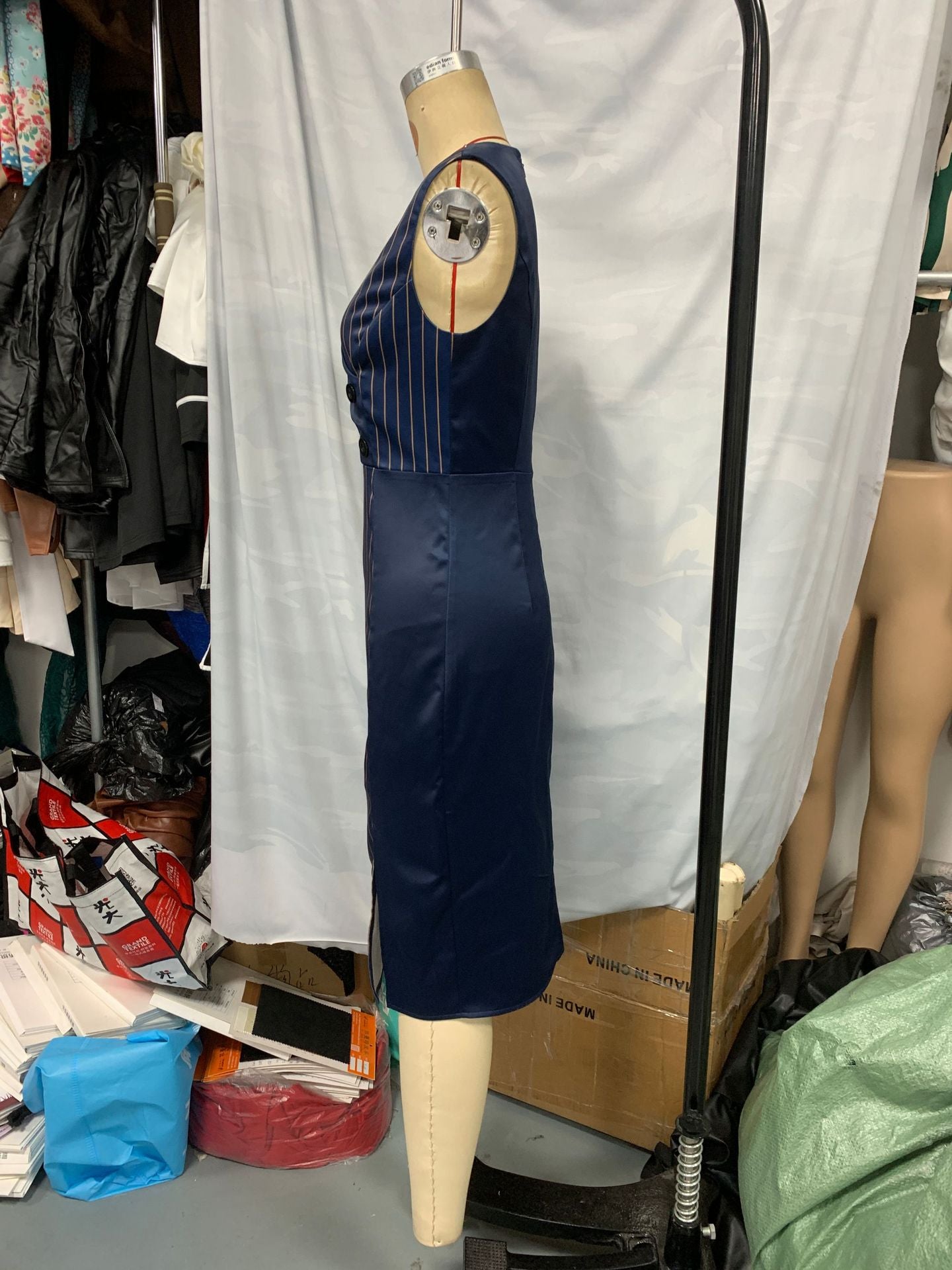 Women's Striped V-Neck Sleeveless Fashion Chic Elegant Slim Waist Slit Dress 6