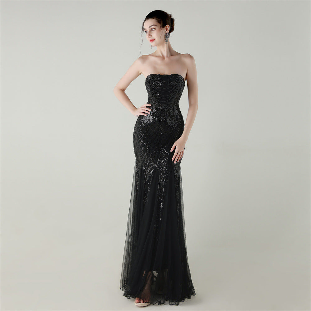 Women sequined mesh beaded tube flower Strapless fishtail skirt Formal Party evening dress 15