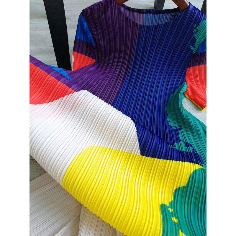 Women Summer Contrast Color Pleated Short Sleeve Dress 6