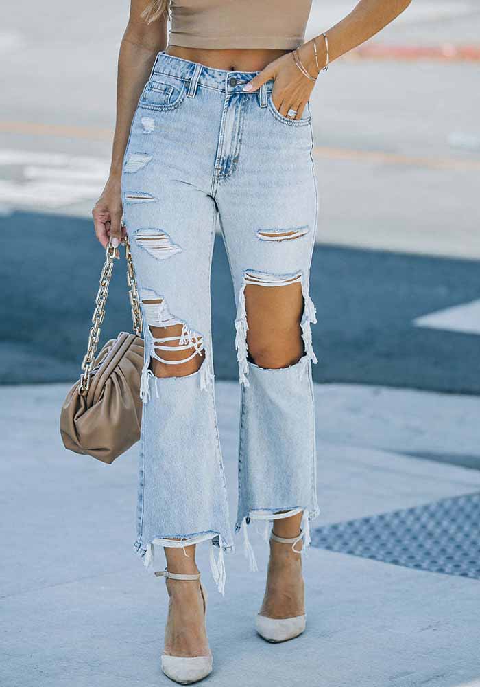 Women Washed Ripped Denim Pants