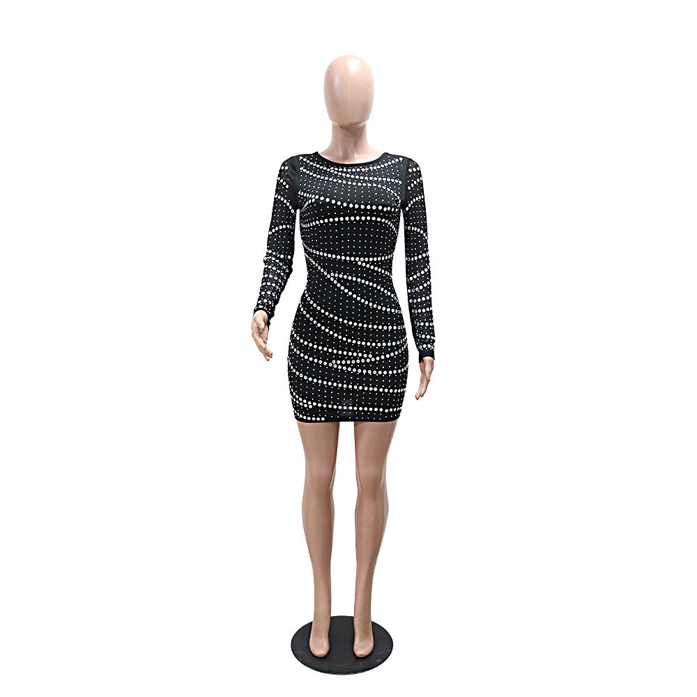 Women Sexy Round Neck Long Sleeve Beaded Backless Bodycon Dress 5