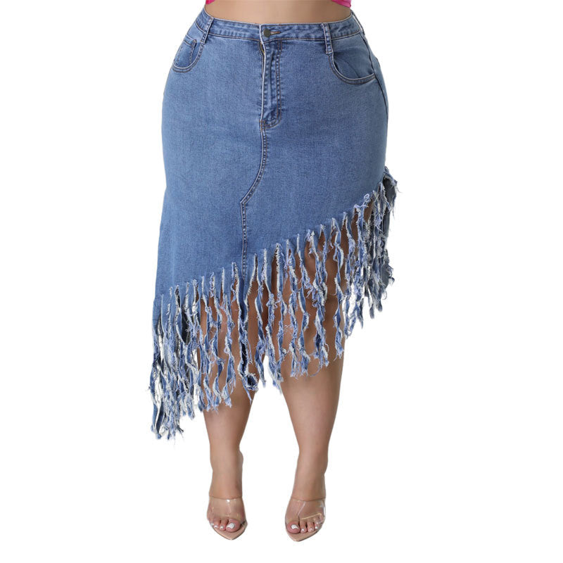 Plus Size Women Fringe Denim Skirt 8