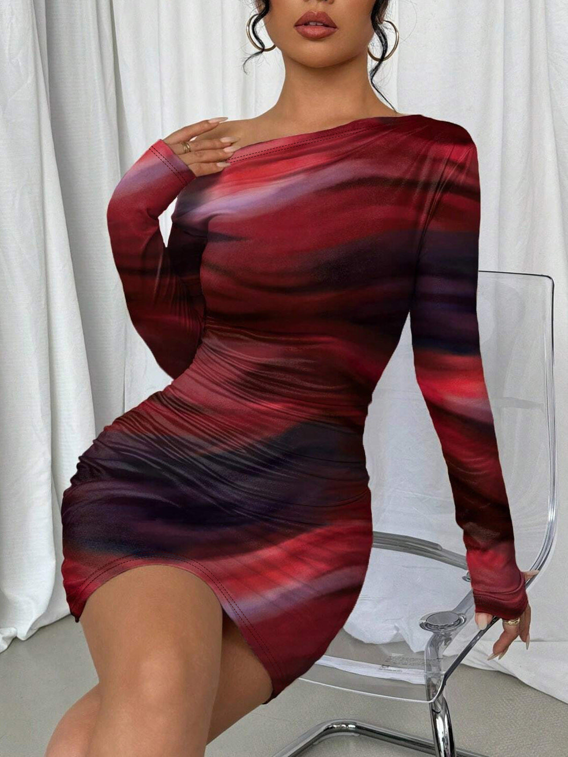 Women Printed Slash Shoulder Long Sleeve Bodycon Dress 5