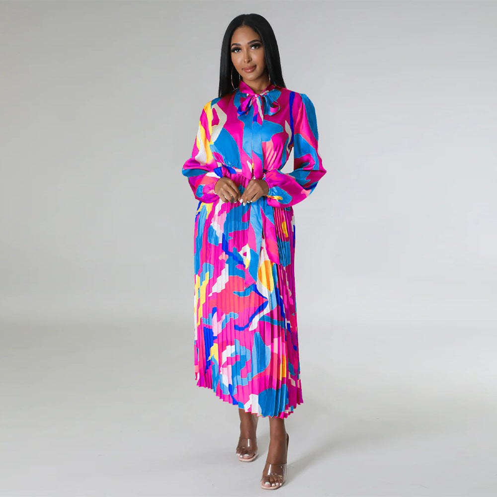Women's Tie Long Sleeve Printed Pleated Dress 11