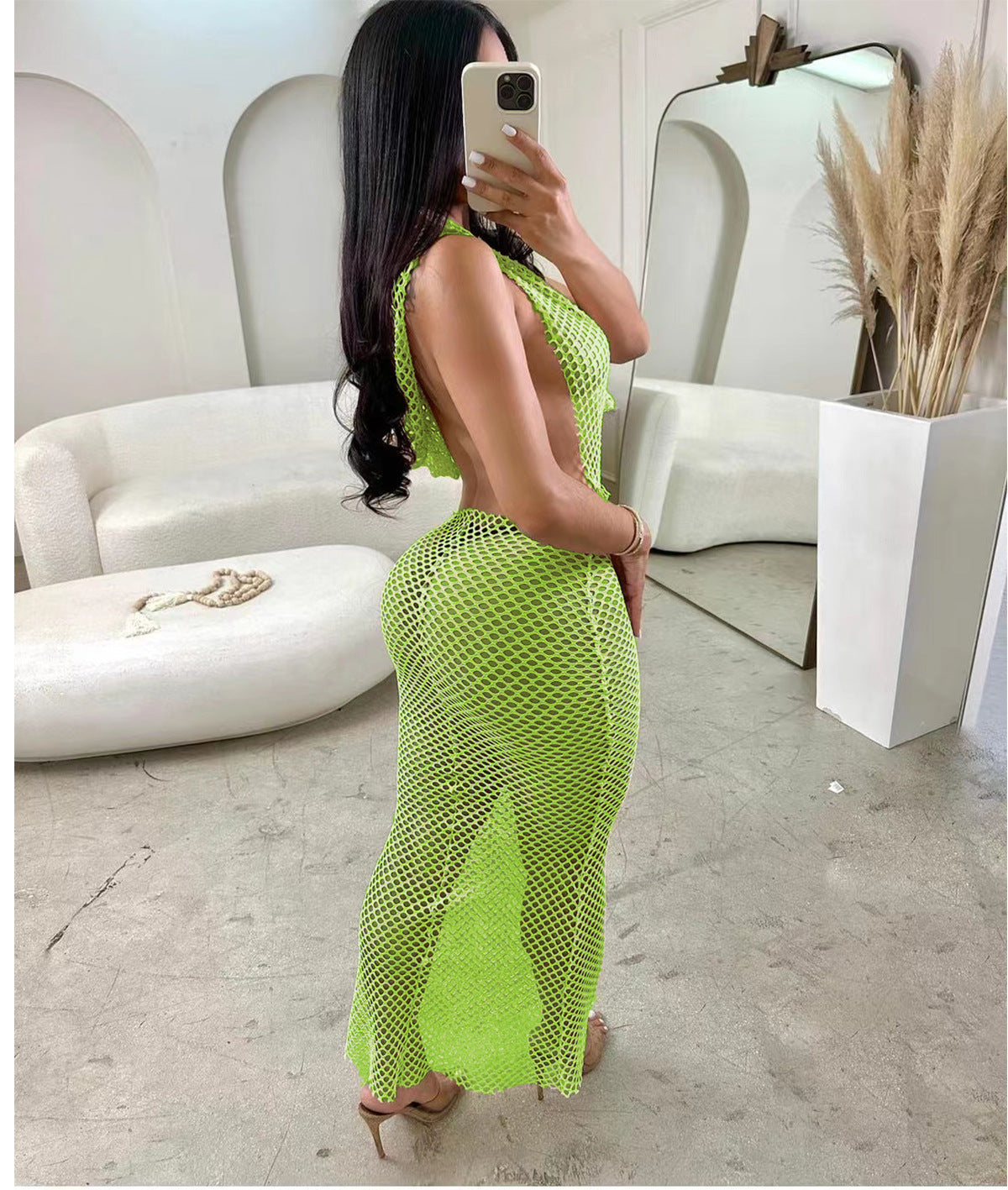 Women Sexy Open Mesh Backless Solid Lace-Up Maxi Dress 5