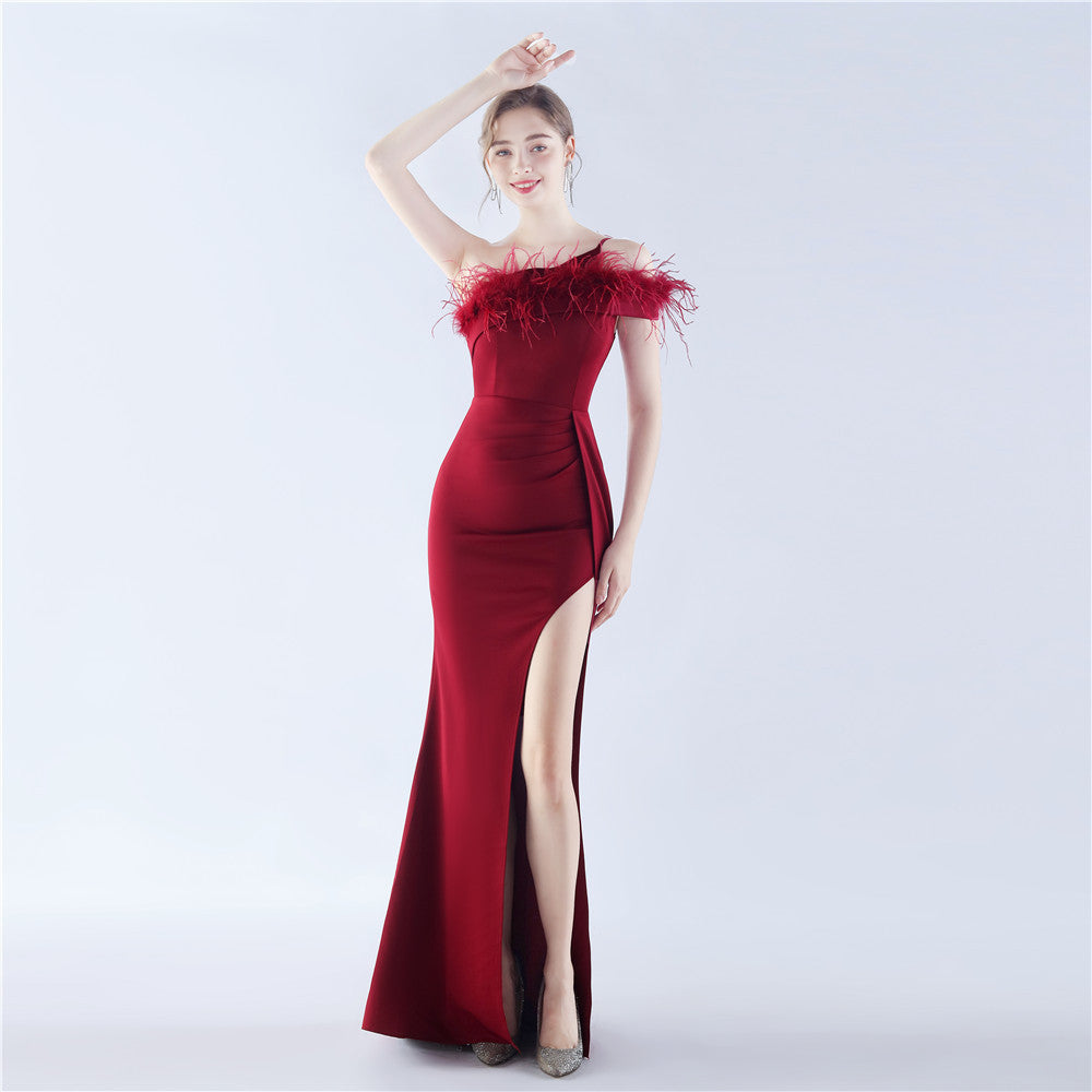 Women Ostrich Feather Party Dinner Evening Dress 6