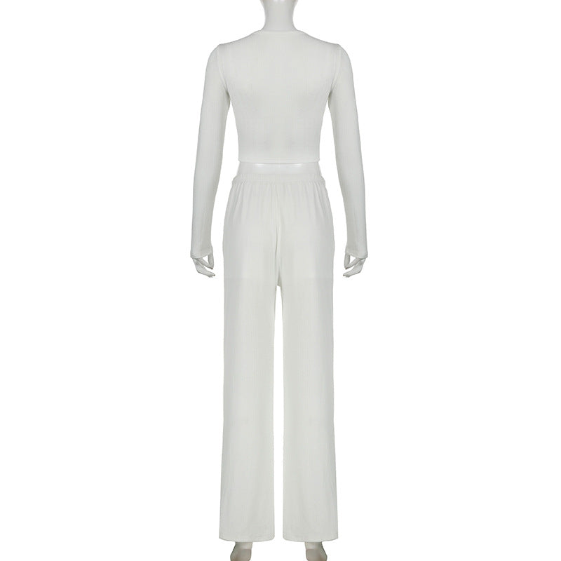 Women Casual two-piece set knitting basic button-down long-sleeved Top elastic trousers two-piece set pajamas and home clothes 23