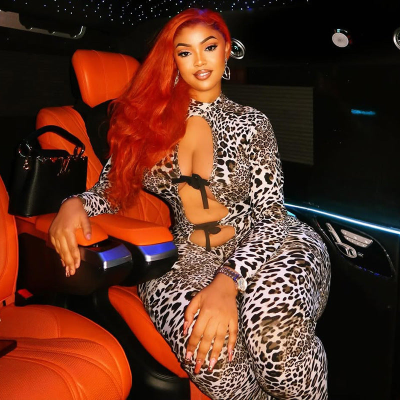 Women's Leopard Print Hollow-Out Sexy Long Sleeve Tight Slim Jumpsuit 4