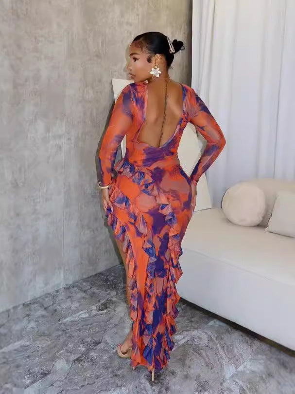 Women's Printed Backless Long Sleeve Slit Irregular Long Dress 3