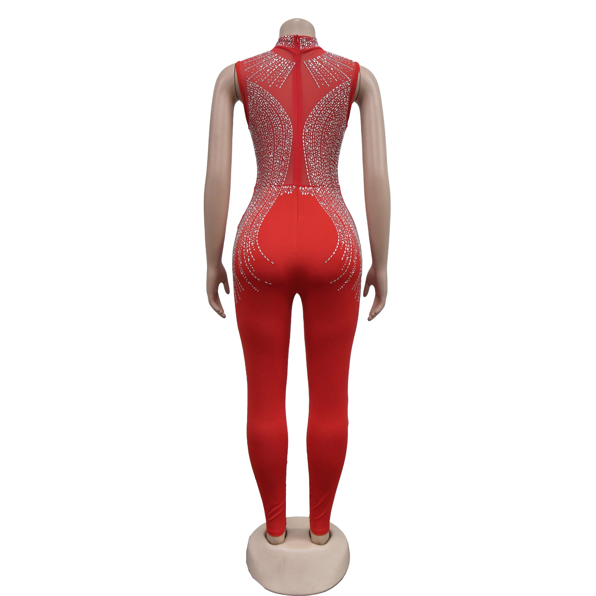 Fashion Women's Solid Color Beaded Mesh Sleeveless Jumpsuit 28