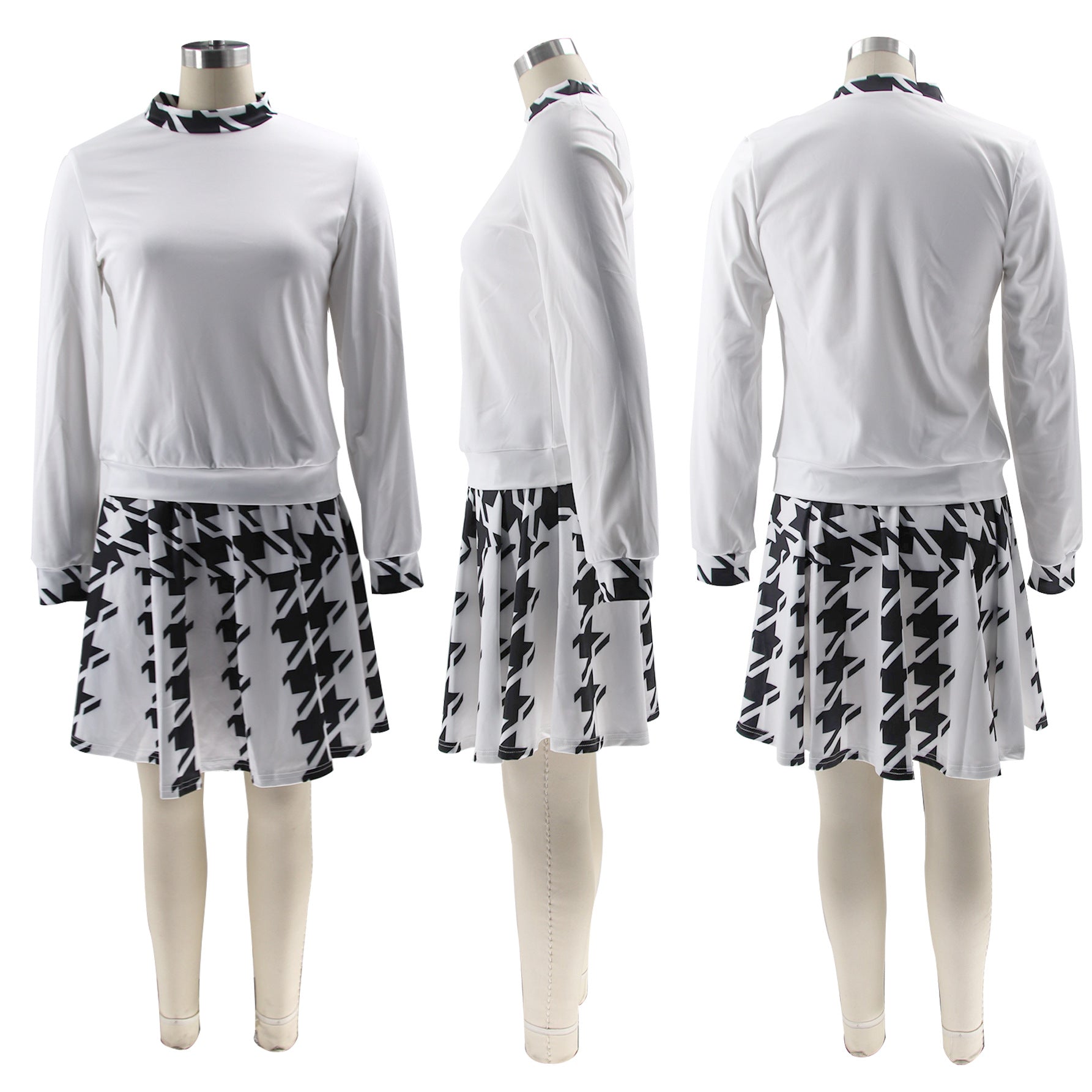 Women Casual Houndstooth Print Long Sleeve Top and Mini Skirt Two-piece Set 9