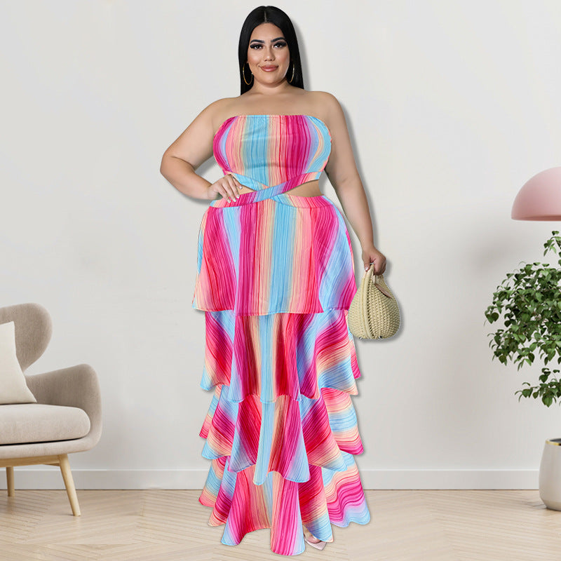 Plus Size Fall Women'S Strapless Stripe Print  Swing Layer Maxi Dress 6
