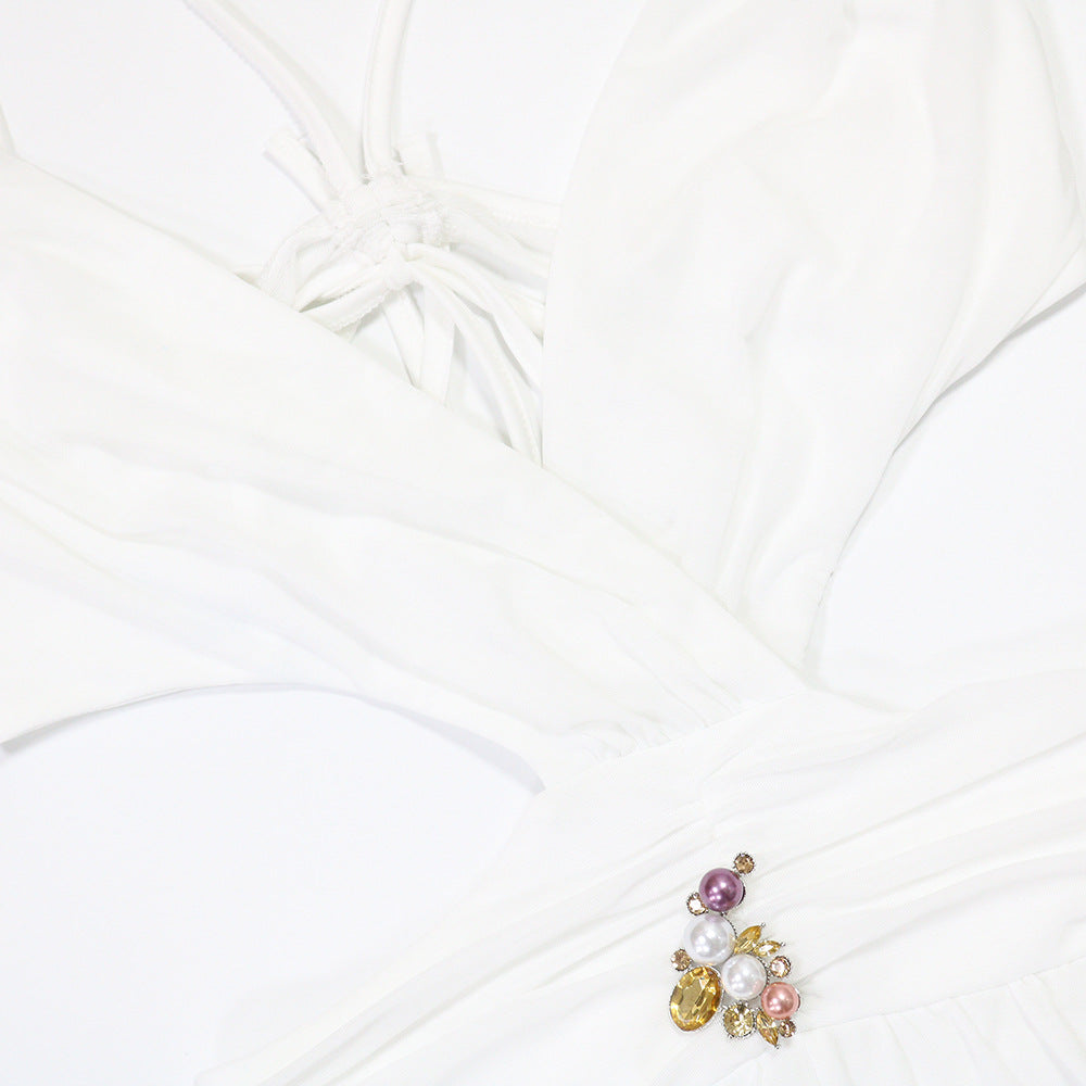 Sexy V-Neck Tie Low Back See-Through Jumpsuit with Long Pants for Women 10