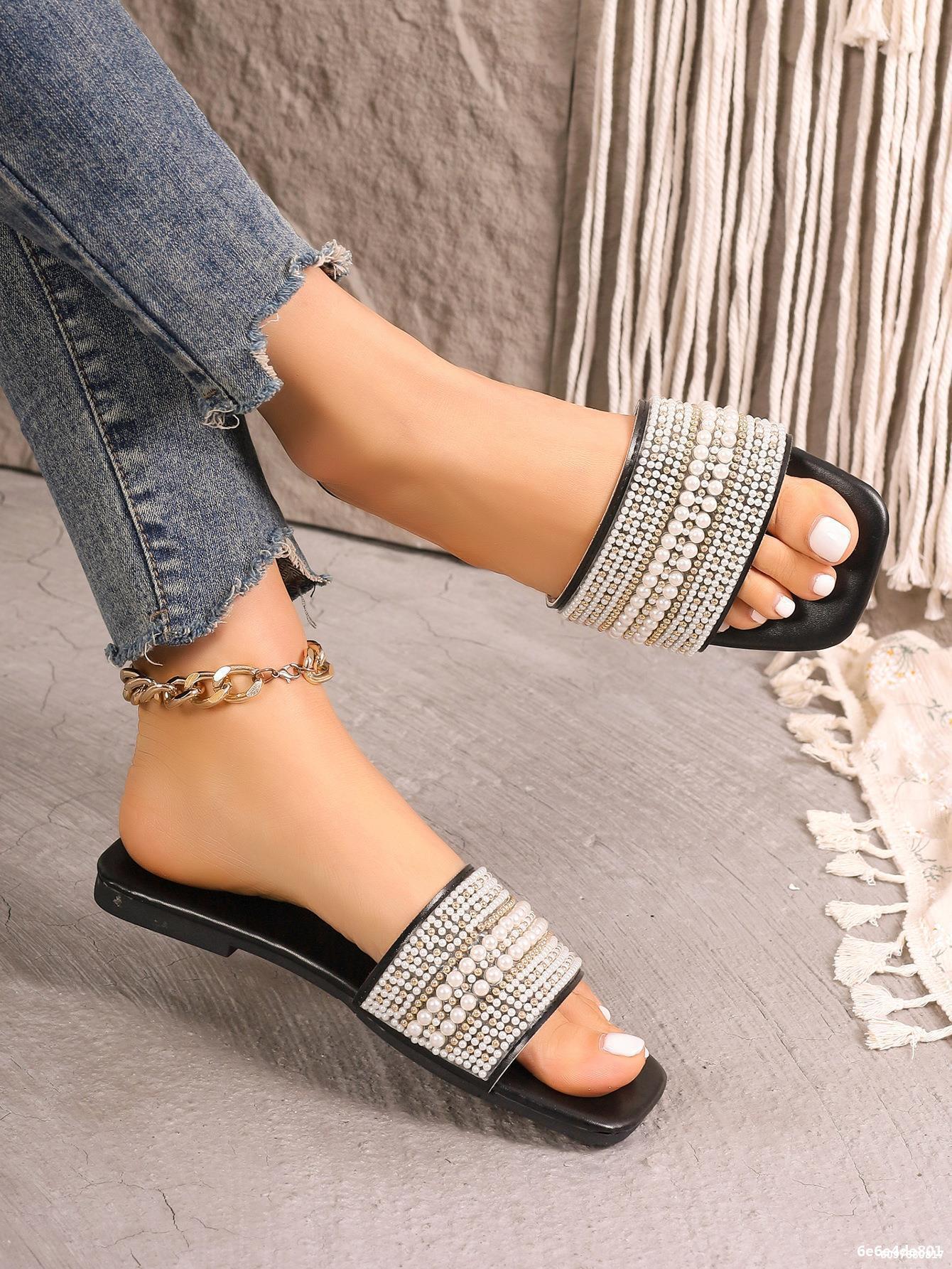 Plus Size women's square toe rhinestone beach sandals beaded flat bottom flip flops slipper 9