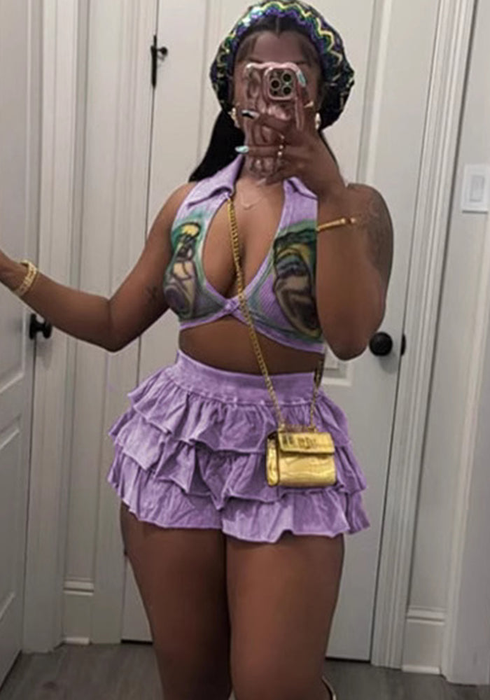 Spring Fashion Women's Sexy Turndown Collar Ribbed Print Top Cake Shorts Set