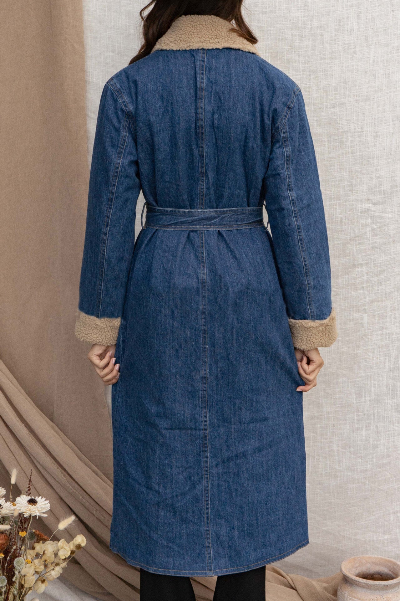 Women Sherpa Turndown Collar Strappy Double Pocket Denim Trench Coat 8