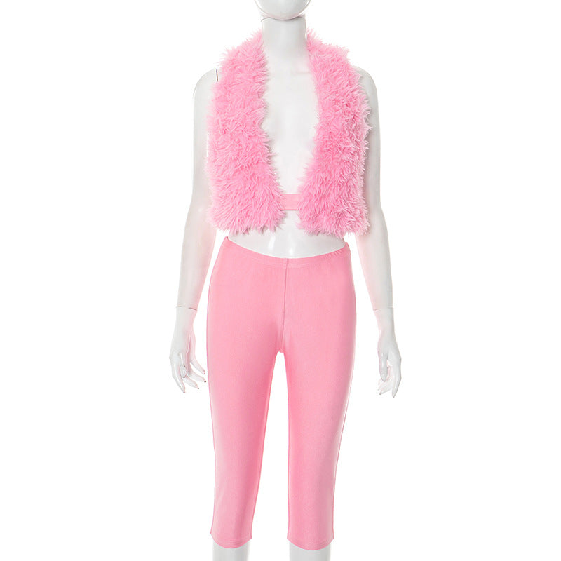 Women's Summer/Fall Halter Neck Low Back Lace-Up Faux Fur Tight Slim Solid Knee-Length Shorts Set 7