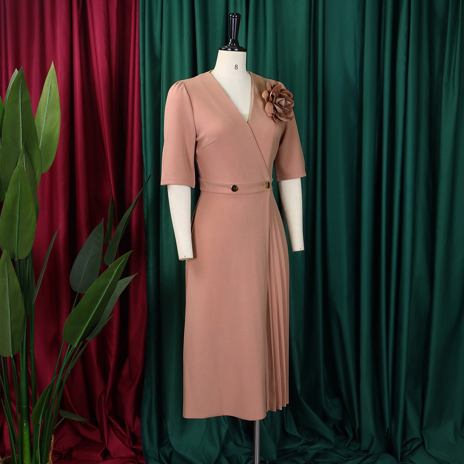 Women's Summer V-Neck Fashion Short Sleeve Solid Color Elegant Pleated African Dress 18