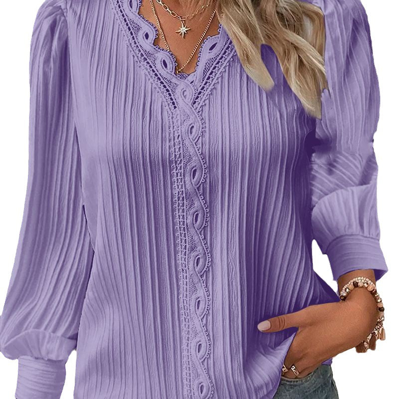 Women Autumn Long Sleeve V Neck Lace Shirt 12
