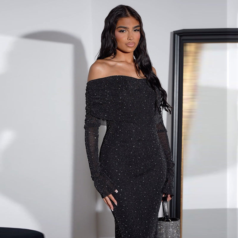 Autumn And Winter Sexy Chic Slim Sequin Off Shoulder Long Dress 4