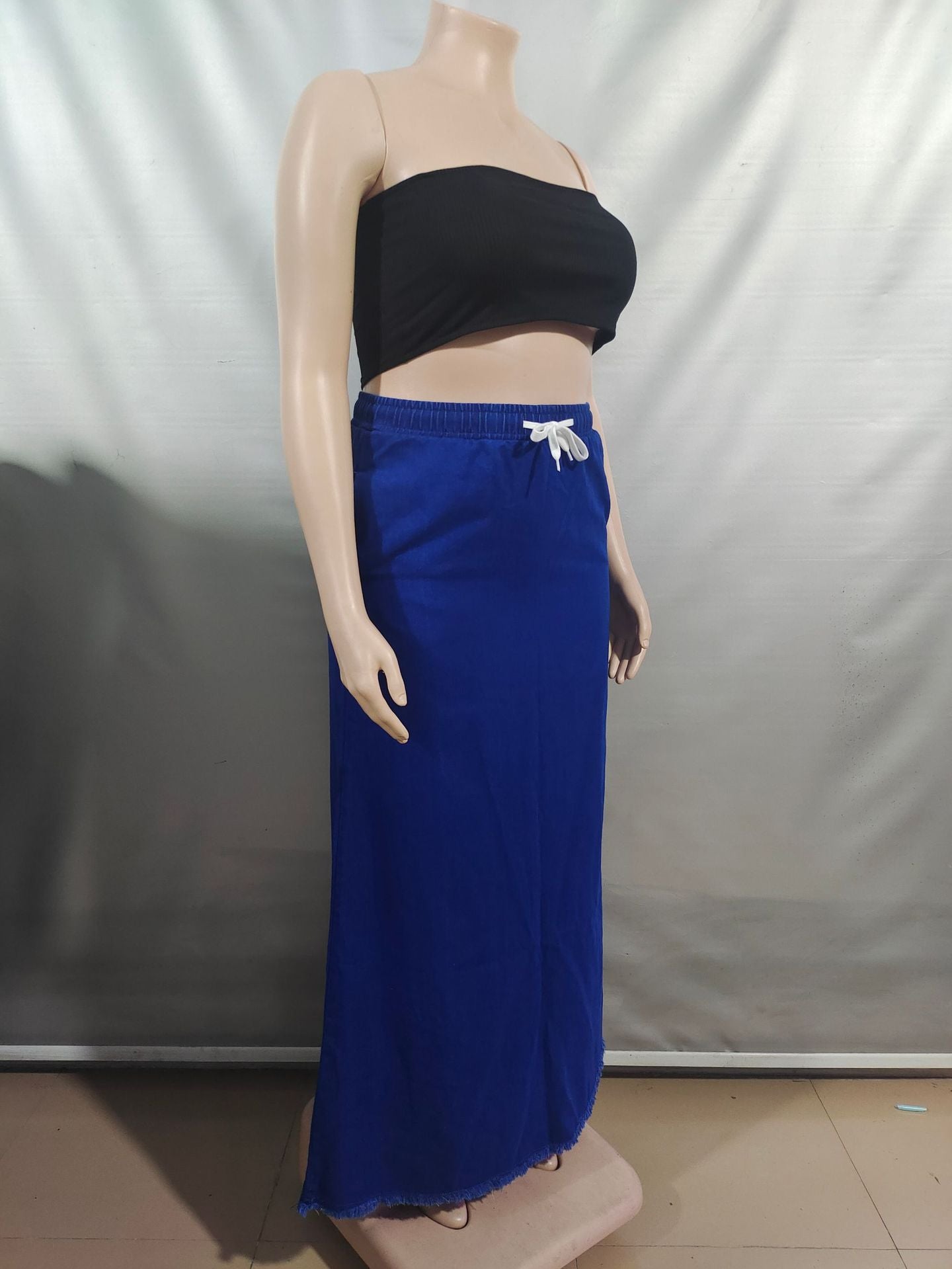 Women's Fashion Washed Solid Color Drawstring High Waist Ruffle Long Denim Skirt 9