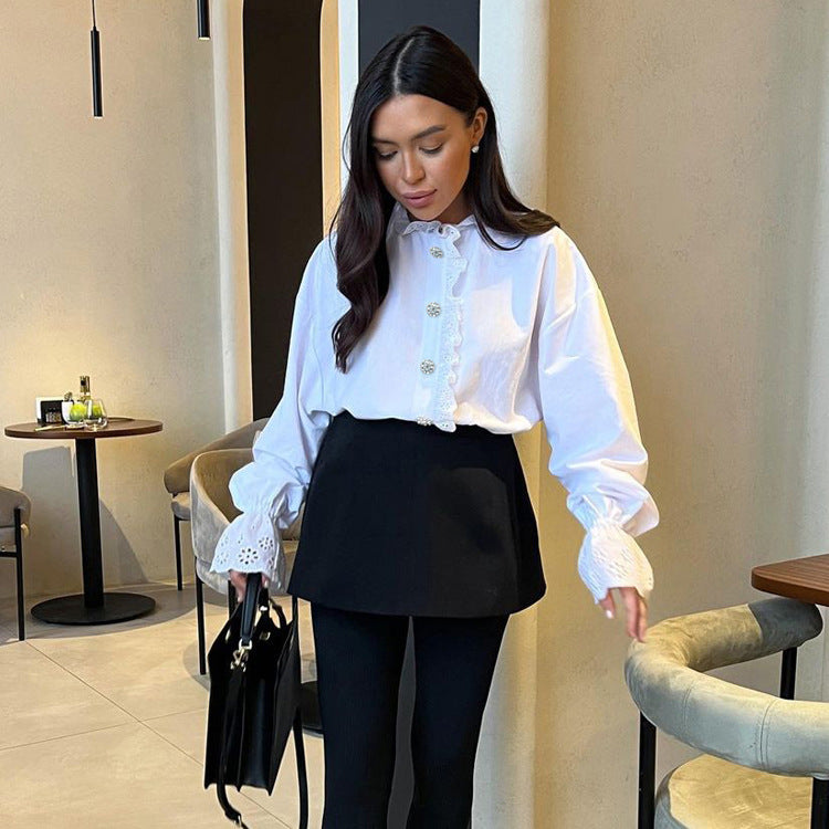 Stand Collar Diamond Button Ruffle Shirt Women Trendy White Shirt Top 3