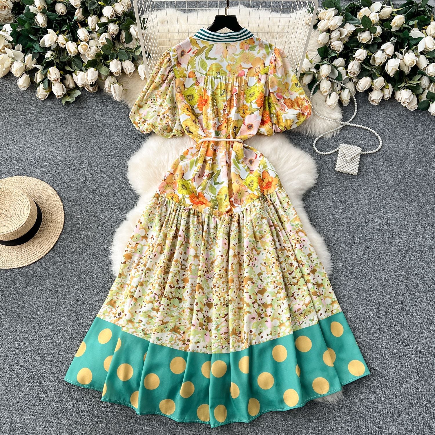 Color Block Patchwork Trendy Puff Sleeve Loose Flared Polka Dot Maxi Dress 5