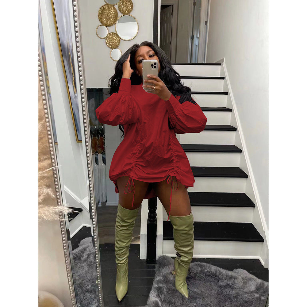 Women Casual Loose Shirt Pleated Dress