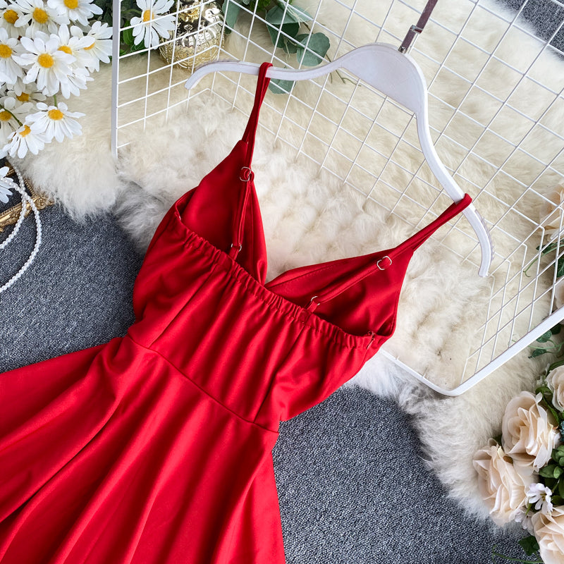 Spring Feminine V-Neck Low Back Slim Waist High Waist Slim Fit Solid Color Straps Basic A-Line Dress 26